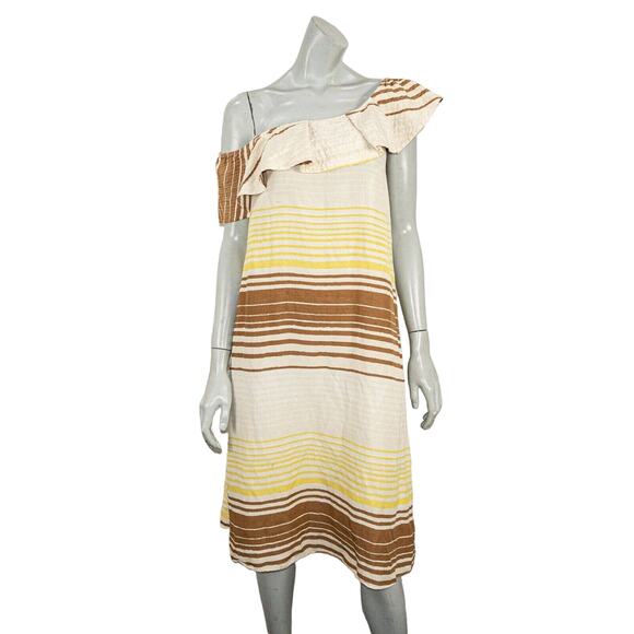 WHIT Dresses & Skirts - WHiT NY Women's off Shoulder Linen Silk Dress Yellow Brown Stripe Size Small